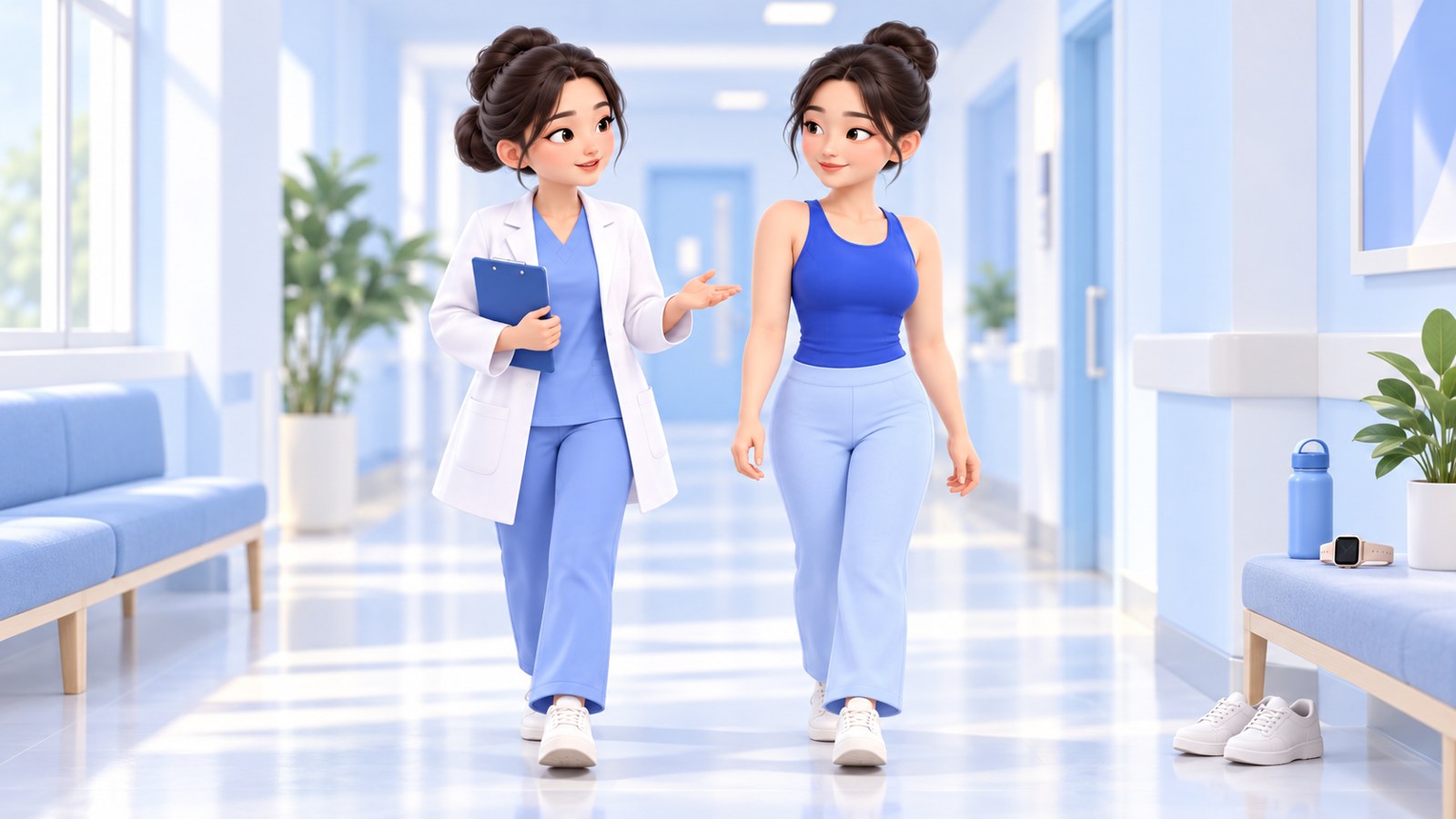 의료진과 환자가 밝은 복도를 편안한 속도로 걸으며 이야기하는 3D 일러스트