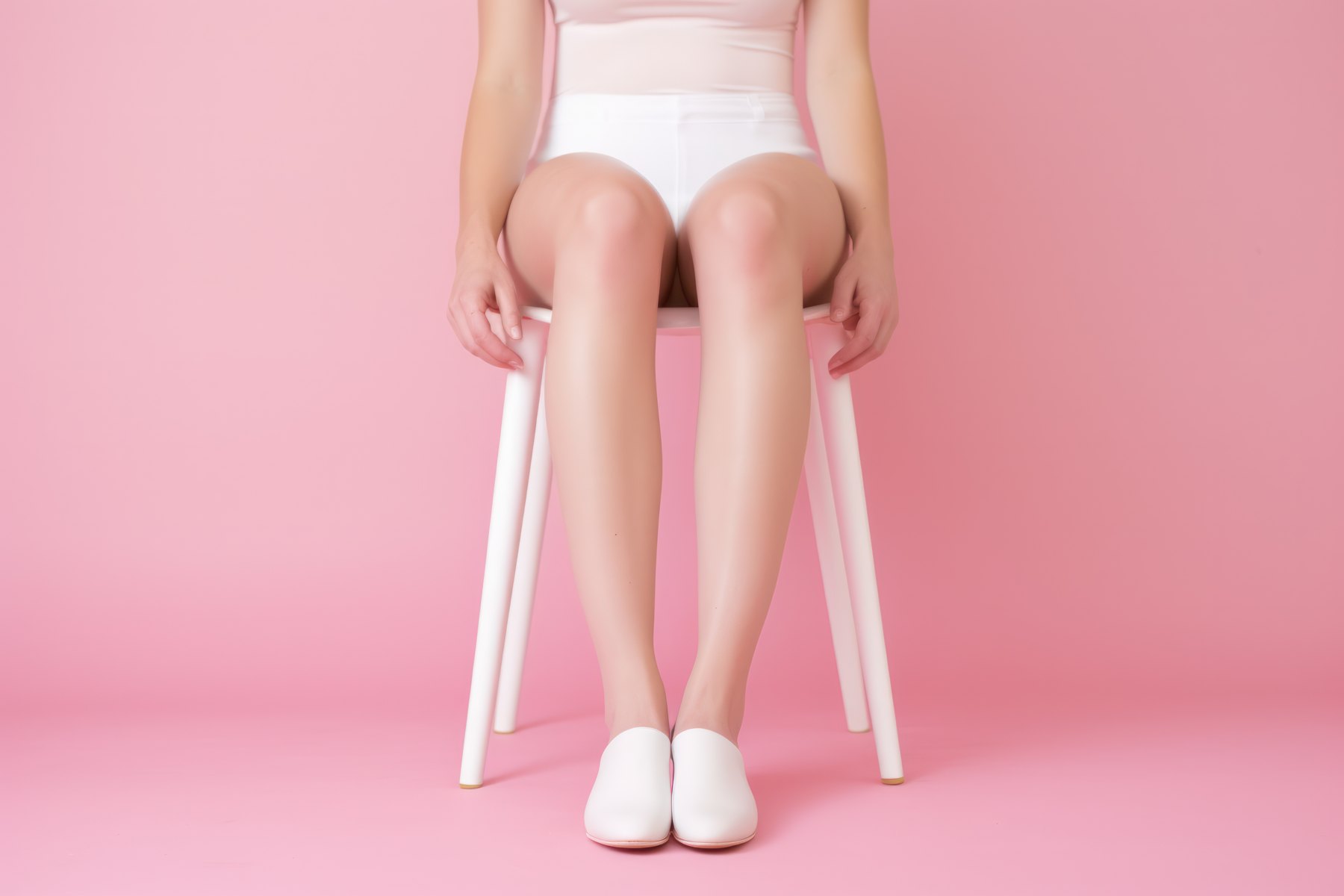 의자에 앉아 두 다리를 모으고 있는 여성의 하체 - 허벅지 지방흡입 후 일상 동선 관리