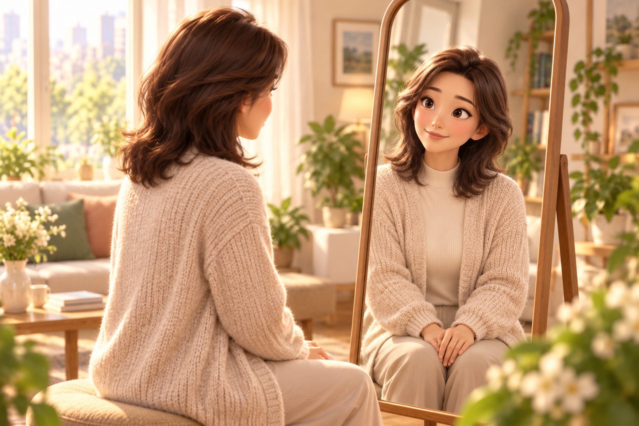 거울처럼 마주 선 동일인의 실물과 반사 — 남과 나, 어제와 오늘을 비교하는 장면