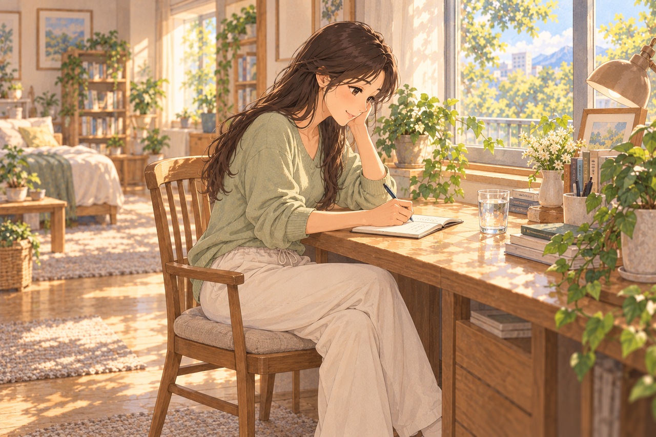 편안한 옷차림의 성인 여성이 낮 시간 책상에 앉아 노트에 몸 상태를 기록하는 장면