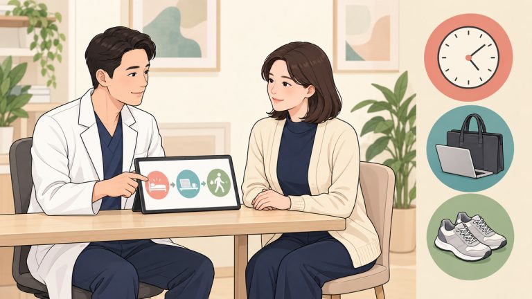 가슴 지방흡입 후 회복 순서를 설명하는 의료진과 상담 중인 성인 여성 웹툰