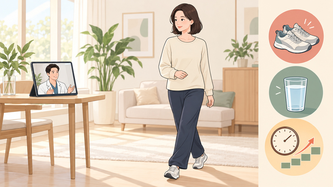 가슴 지방흡입 회복기에 집에서 가볍게 걷고 의료진의 화상 안내를 받는 성인 여성 웹툰