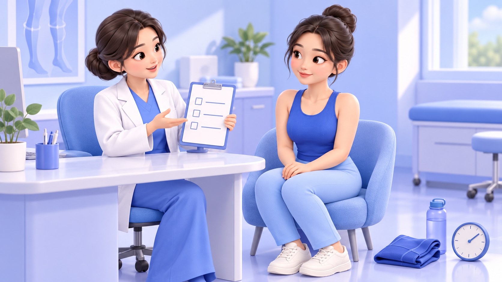 진료실에서 의료진이 체크리스트 판을 들고 환자에게 회복기 관리 루틴을 설명하는 3D 만화풍 일러스트