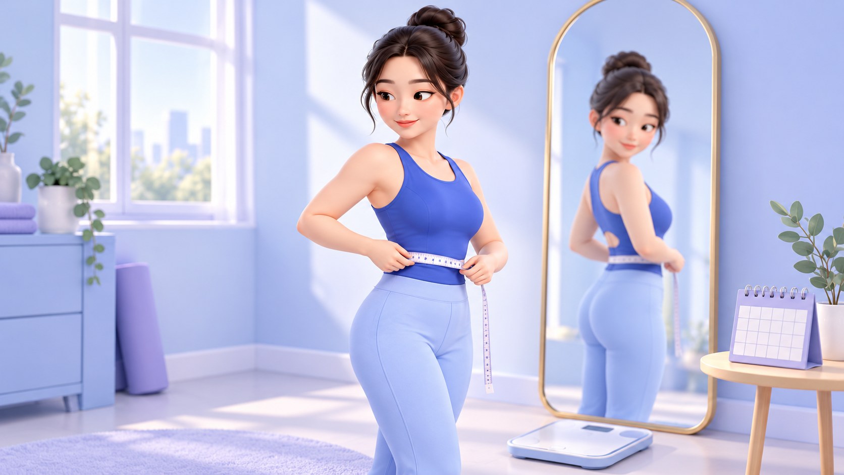 운동복 차림의 여성이 거울 앞에서 줄자로 허리둘레를 재며 관리 기록을 남기는 3D 만화풍 일러스트