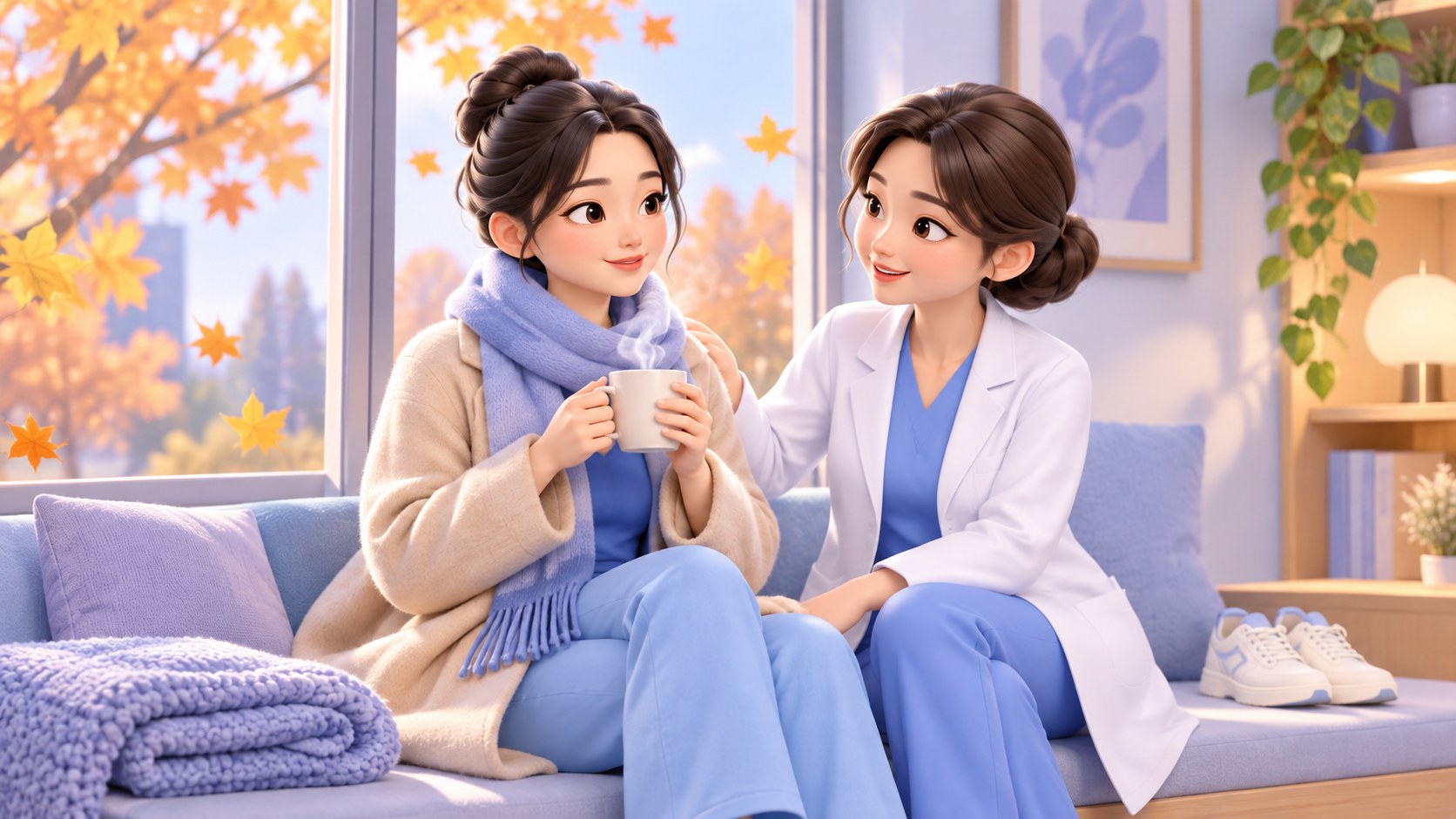단풍이 지는 창가에서 코트와 스카프 차림으로 따뜻한 차를 든 여성과 의료진이 이야기하는 3D 만화풍 일러스트