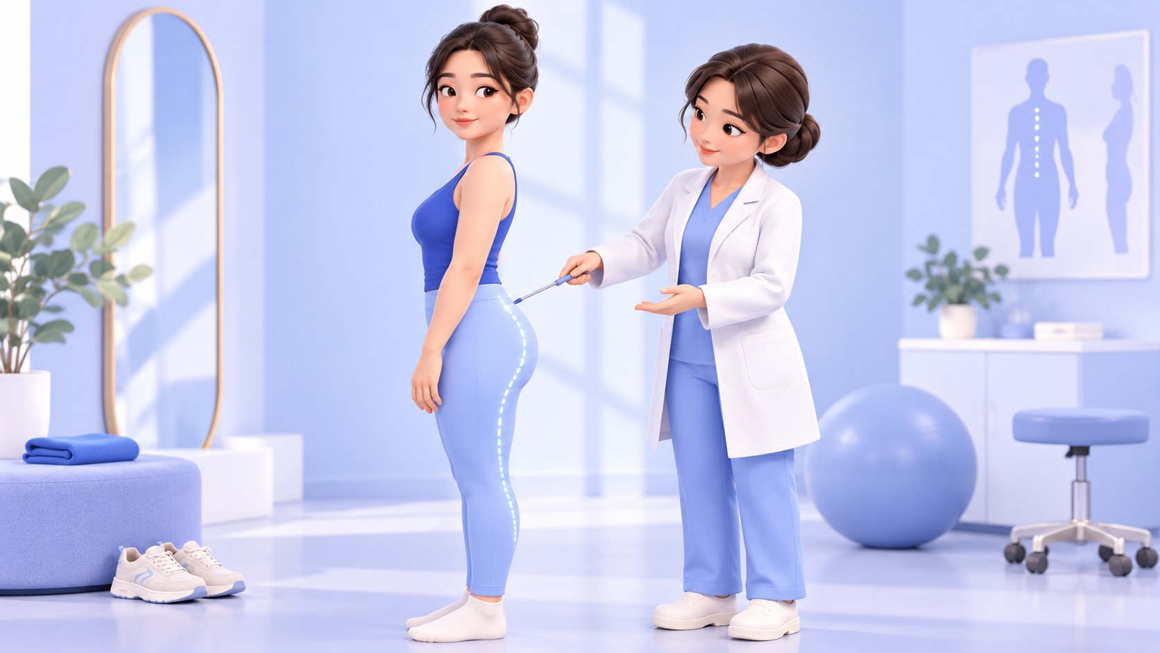 의료진이 지시봉으로 허리에서 엉덩이·허벅지로 이어지는 옆모습 라인을 짚어 설명하는 3D 만화풍 일러스트