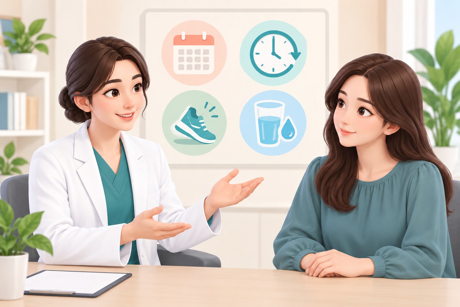 엉덩이축소 지방흡입 후 일상 복귀 일정을 의료진이 달력·시계·신발·물컵 아이콘 패널 앞에서 환자에게 설명하는 3D 일러스트