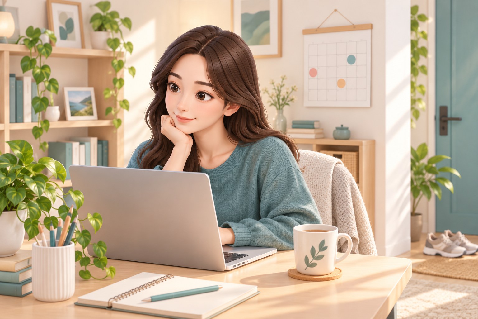 수술 후 재택 근무로 일상에 복귀하는 30대 여성이 노트북 앞에 앉아 있고 벽에 달력이 걸린 3D 일러스트