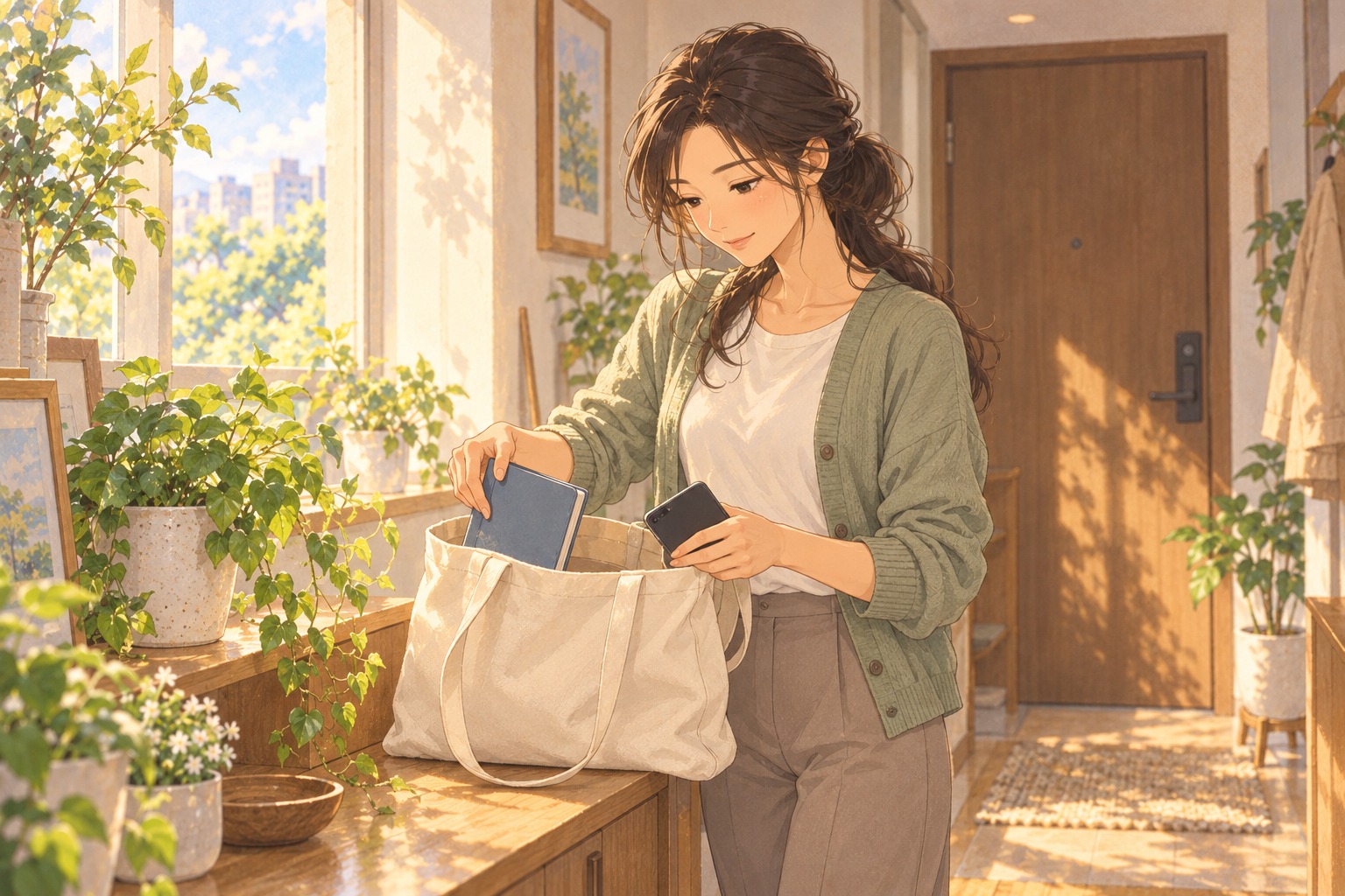 경과 확인 방문 전 여성이 현관에서 기록 노트와 휴대폰을 가방에 챙기는 장면