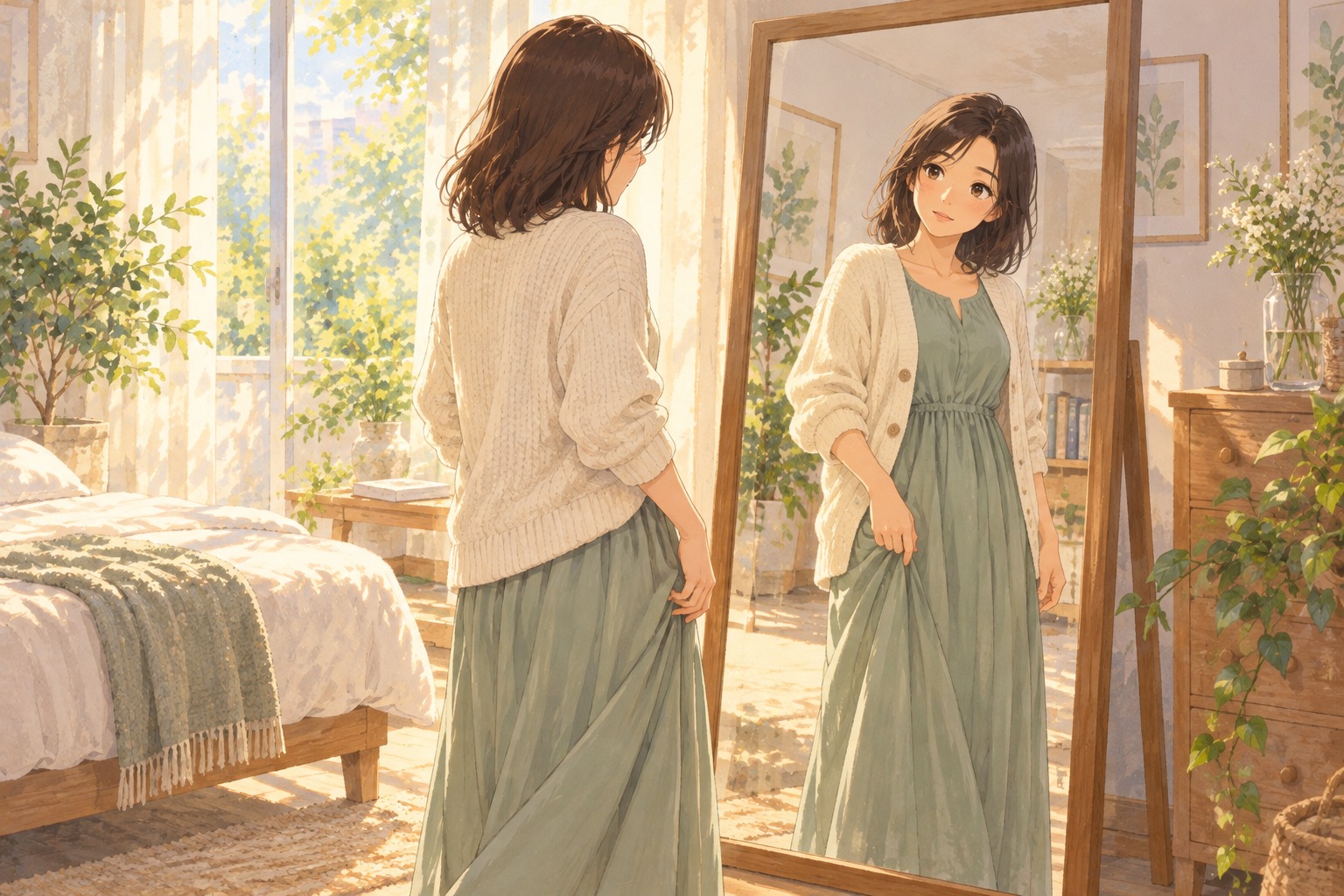 집 거울 앞에서 편안한 옷차림으로 옷맵시를 조심스럽게 살펴보는 여성 — 엉덩이하수 표층 지방흡입 후 회복 첫 주 일러스트