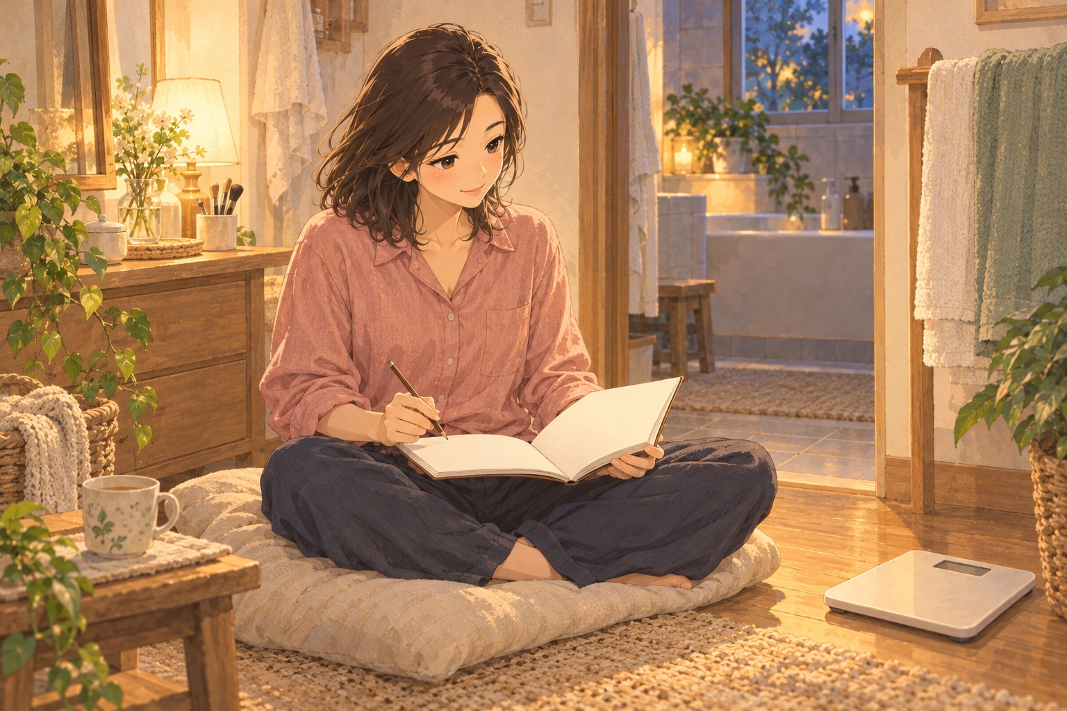 체중계를 옆에 밀어 두고 회복 기록 노트를 차분히 살펴보는 여성 — 수술 후 1주 무렵 붓기와 체중 변화 안내 일러스트
