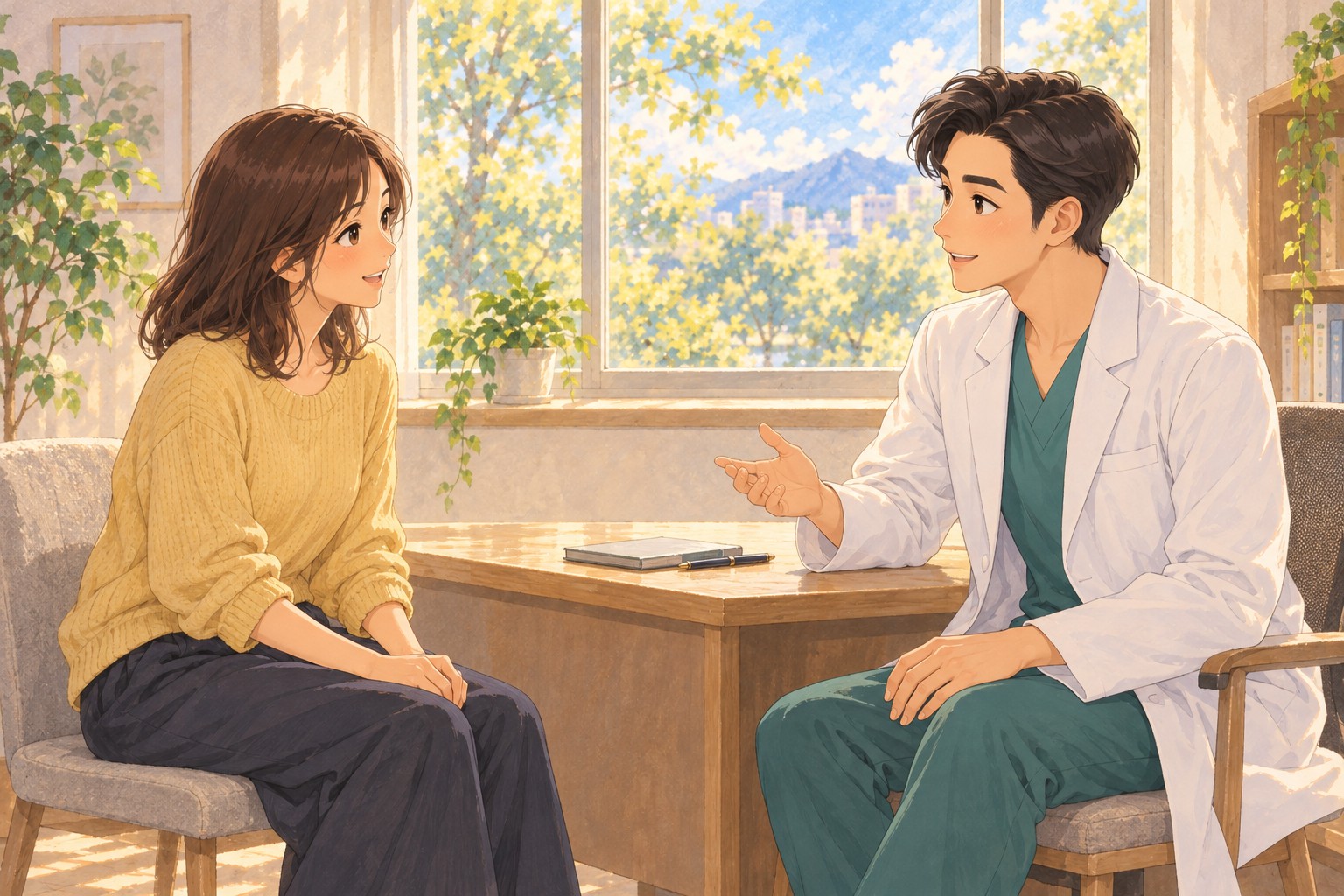 진료실에서 회복 상태에 맞춰 운동 재개 시점과 활동량을 의료진과 상담하는 여성