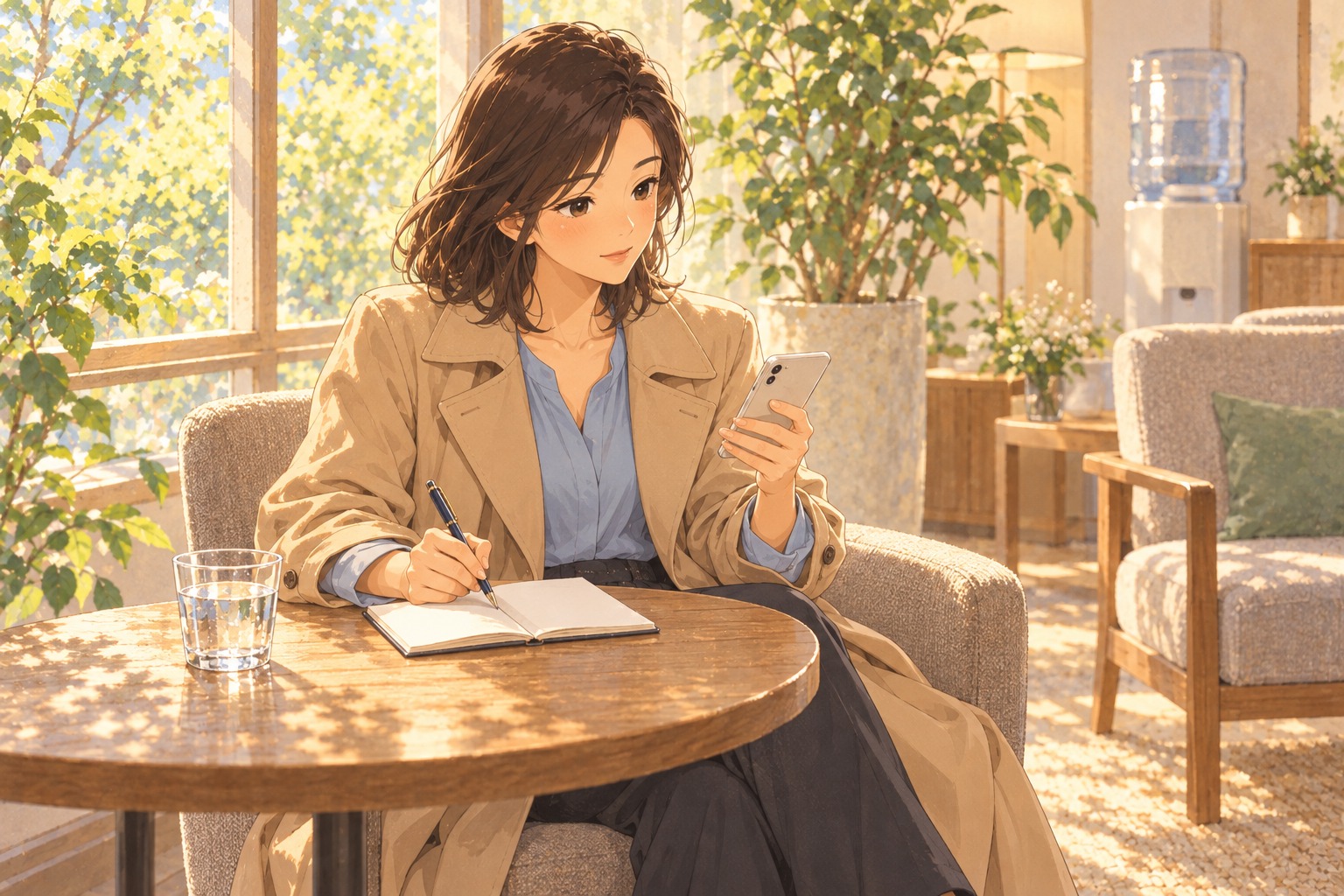 조용한 대기 공간에서 휴대폰과 노트를 보며 상담 전 궁금한 점을 정리하는 여성 일러스트