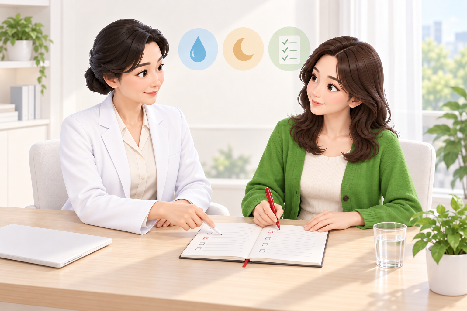 책상에 나란히 앉아 여성 내원자가 체크리스트 노트에 생활 습관을 적고 여성 의료진이 펜으로 짚어 주는 3D 일러스트