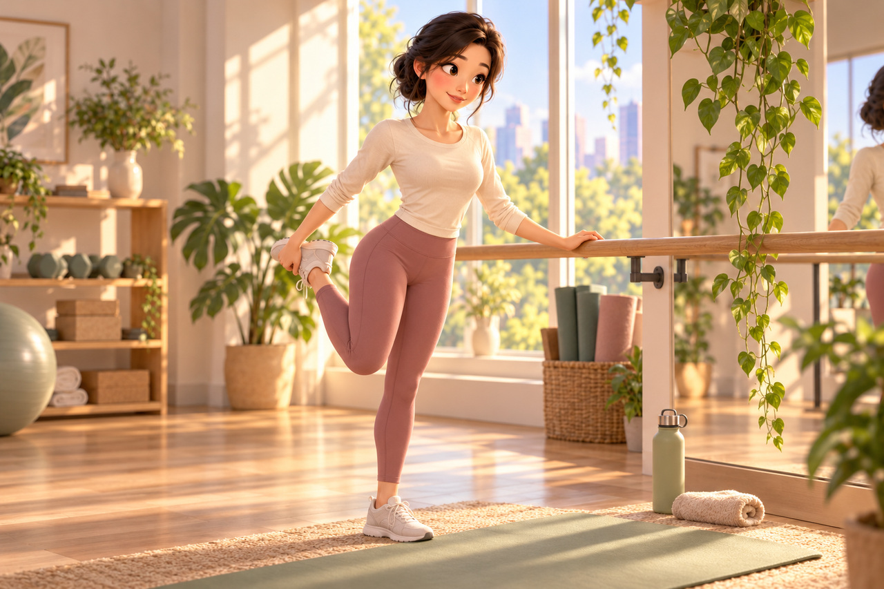 활발한 운동을 다시 시작하기 전 준비운동을 하는 여성의 3D 삽화