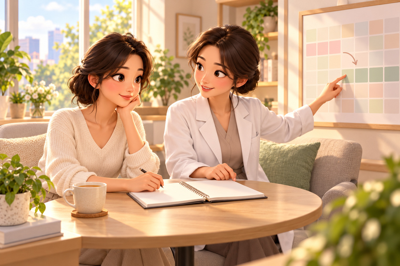 의료진과 함께 회복 일정을 편안하게 계획하는 여성의 3D 삽화