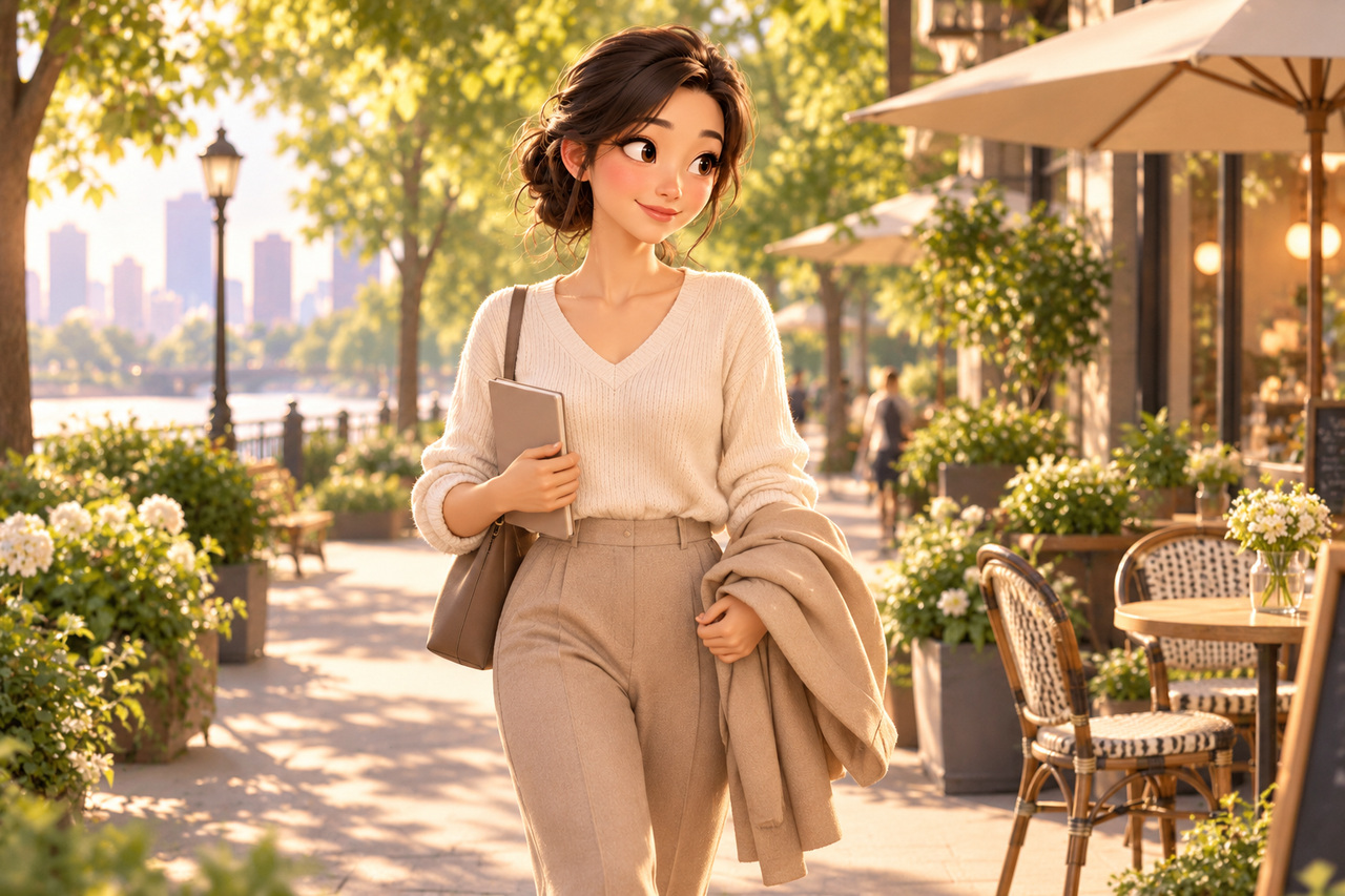 일정을 여유 있게 준비하고 일상으로 돌아가는 여성의 3D 삽화