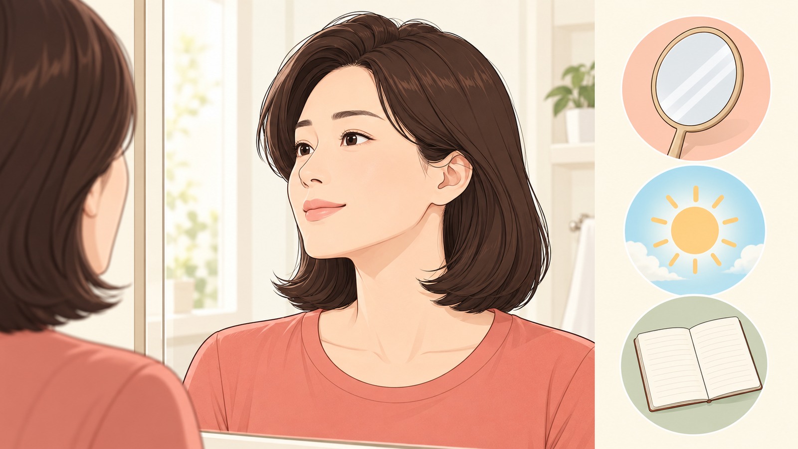 아침 욕실 거울 앞에서 턱선을 확인하는 여성