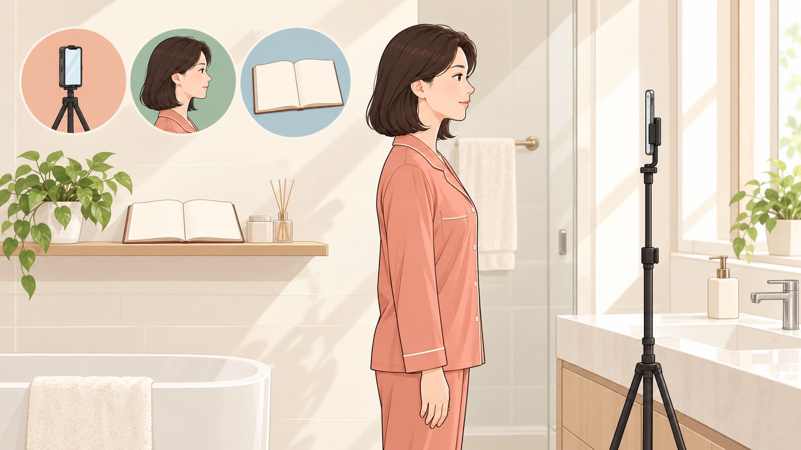 스마트폰 거치대를 고정해 같은 조건으로 턱선을 기록하는 여성