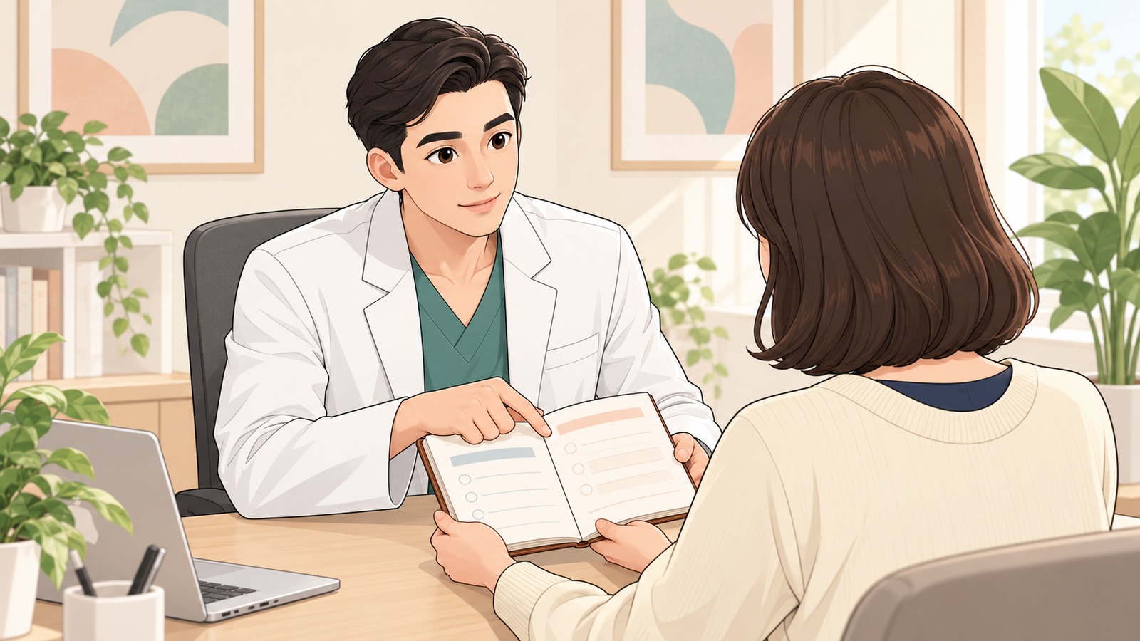 회복 노트를 보며 질문을 정리하는 진료 상담 장면