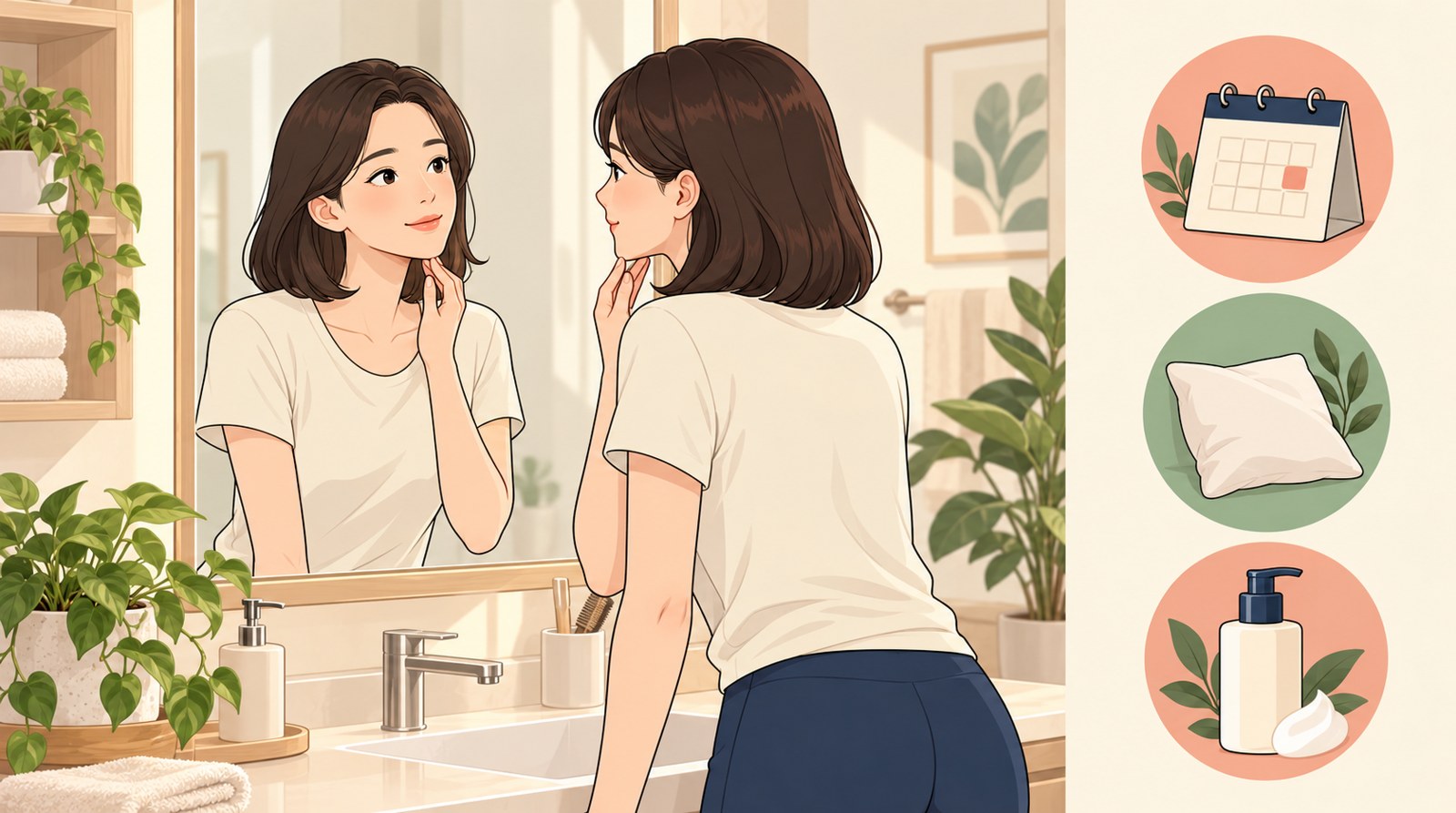 집 욕실 거울 앞에서 턱 밑을 가볍게 만지며 턱선을 살펴보는 여성의 웹툰풍 일러스트, 달력·베개·보습제 아이콘