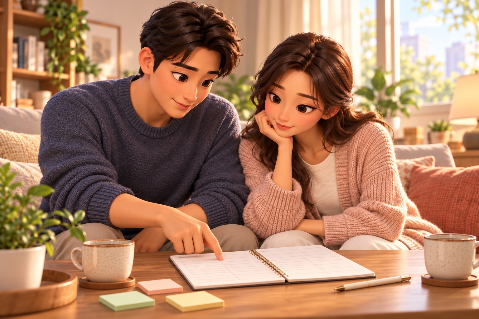 가족이 함께 탁자에 앉아 수술 후 회복 일정을 의논하며 플래너를 살펴보는 모습의 일러스트