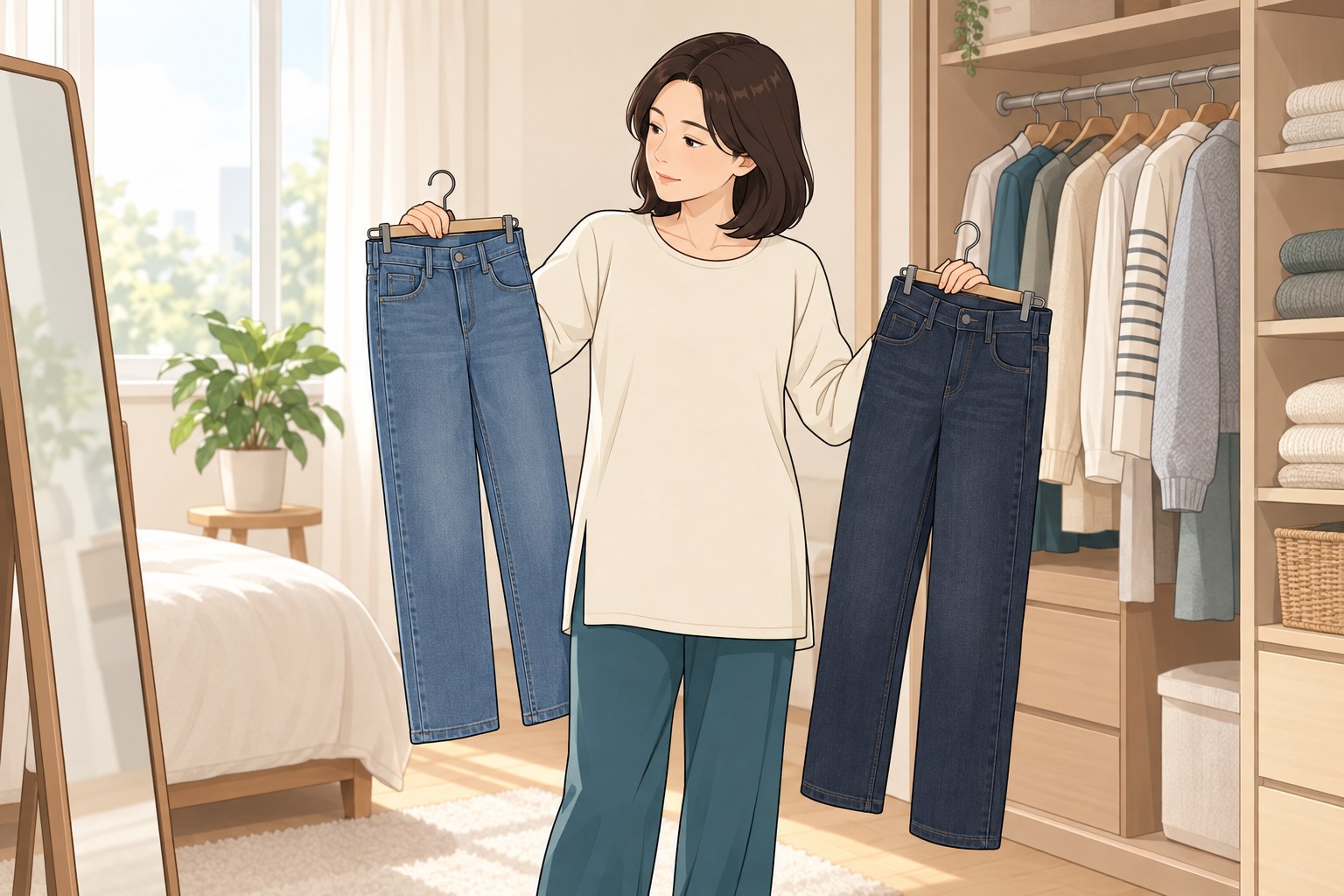 집 옷장 앞에서 청바지 두 벌을 들어 보이며 어떤 옷을 입을지 고민하는 여성을 그린 웹툰풍 일러스트