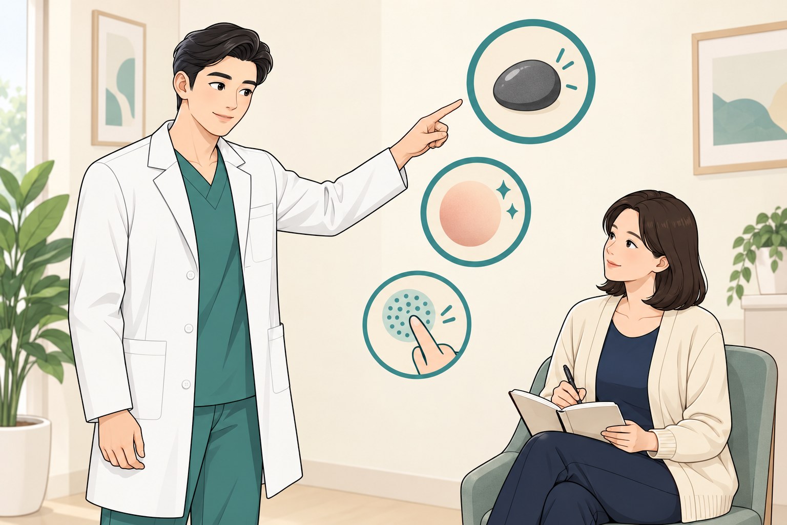 의사가 벽의 세 가지 원형 아이콘을 가리키며 회복 중 나타날 수 있는 변화를 설명하고 여성이 옆에서 메모하는 웹툰풍 일러스트
