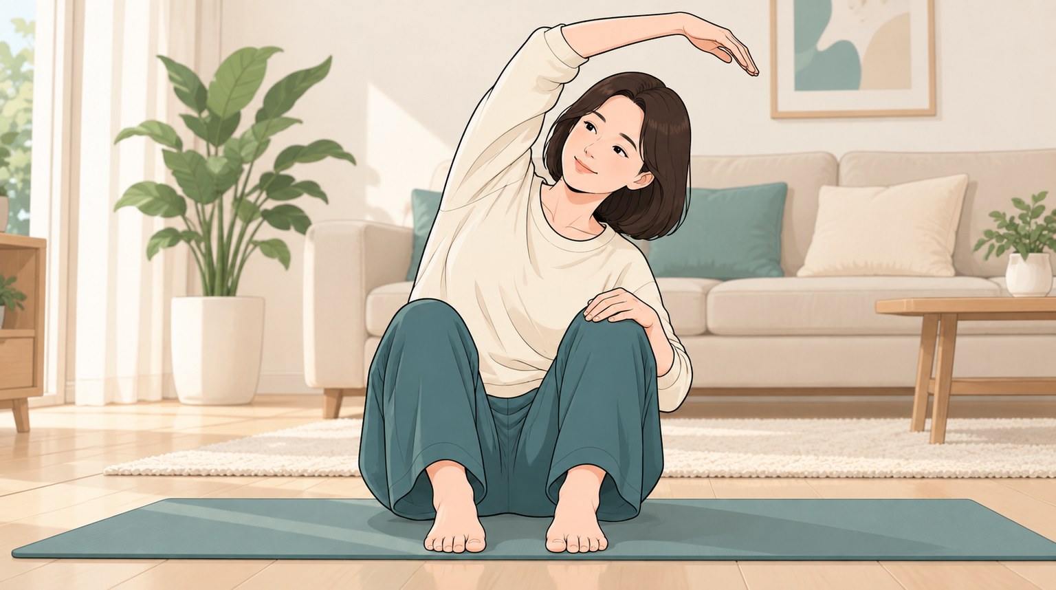 거실 매트 위에서 무릎을 세우고 앉아 가볍게 옆구리 스트레칭을 하는 여성을 그린 웹툰풍 일러스트
