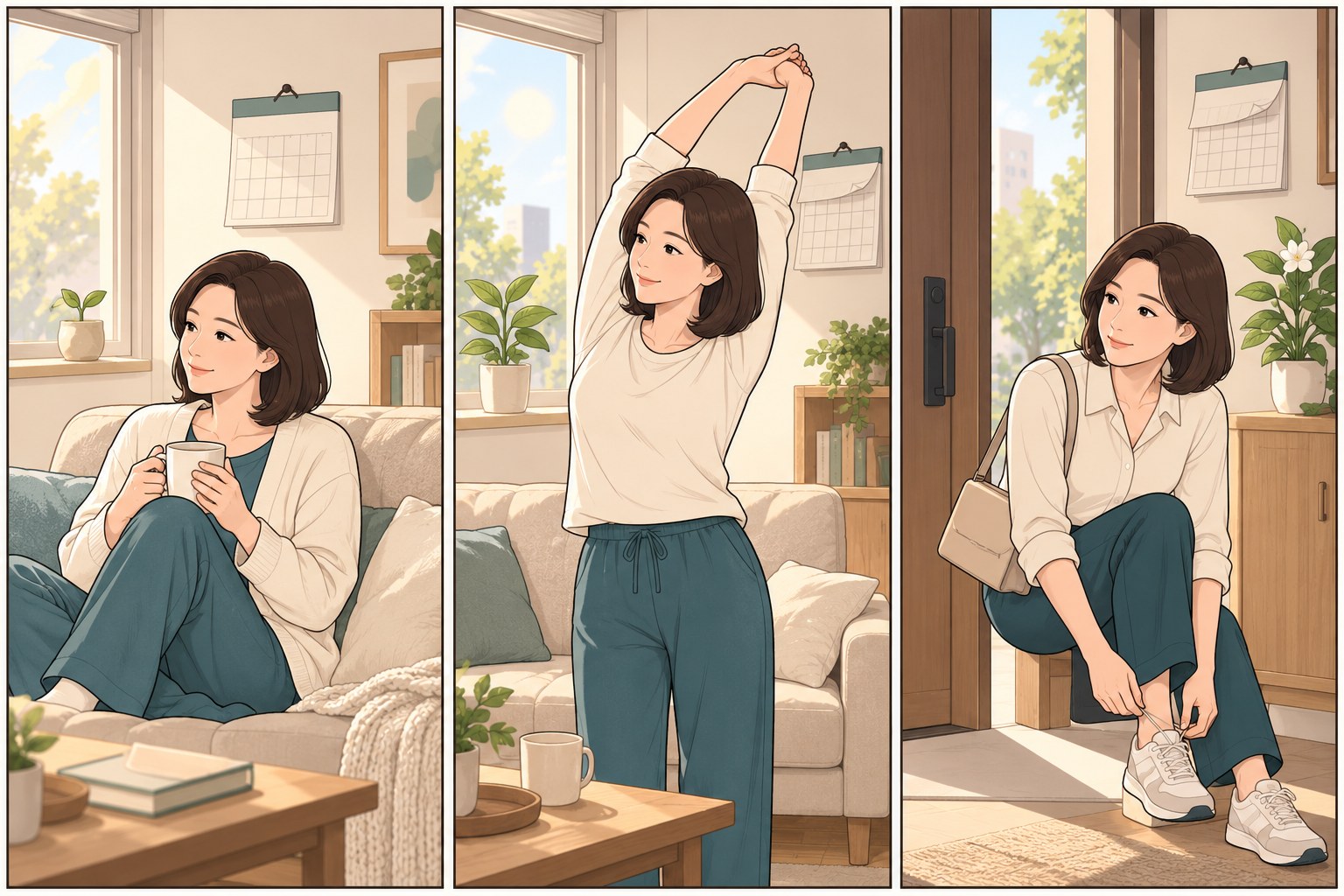 달력과 햇빛, 식물이 자라는 모습으로 시간의 흐름을 표현한 3컷 웹툰 - 휴식, 가벼운 스트레칭, 외출 준비를 하는 여성