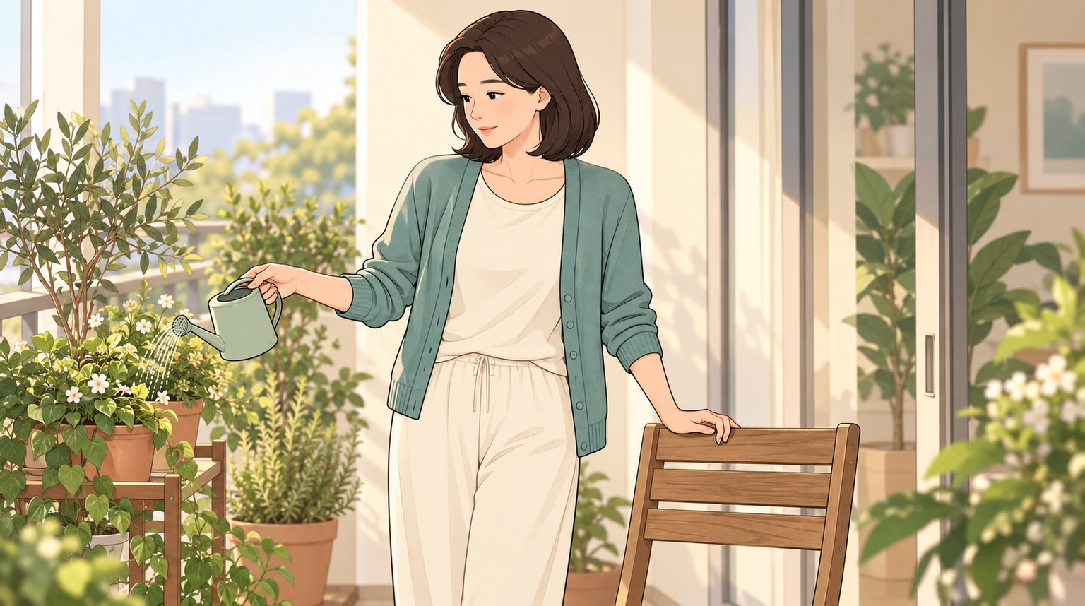 햇빛 드는 베란다에서 화분에 물을 주다 의자에 기대어 잠시 몸 상태를 살피는 여성을 그린 웹툰풍 일러스트