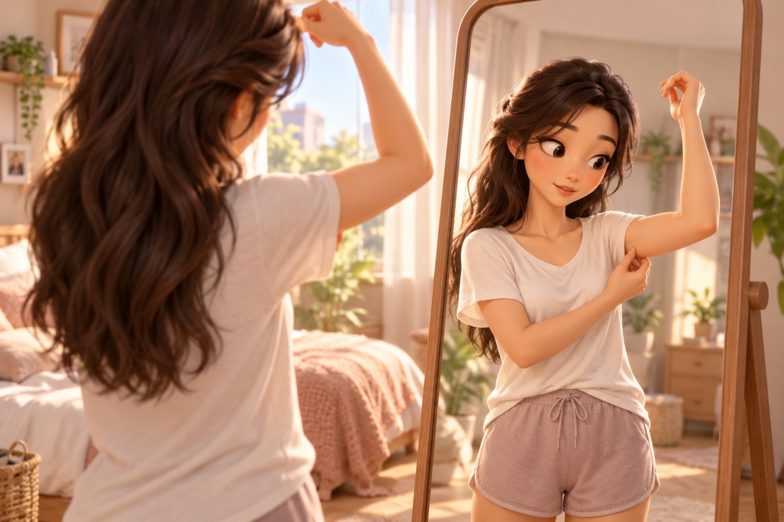 아침 침실 거울 앞에서 한쪽 팔을 들어 올려 위팔을 살피는 20대 여성 — 팔뚝 지방흡입을 고민하는 일상 장면