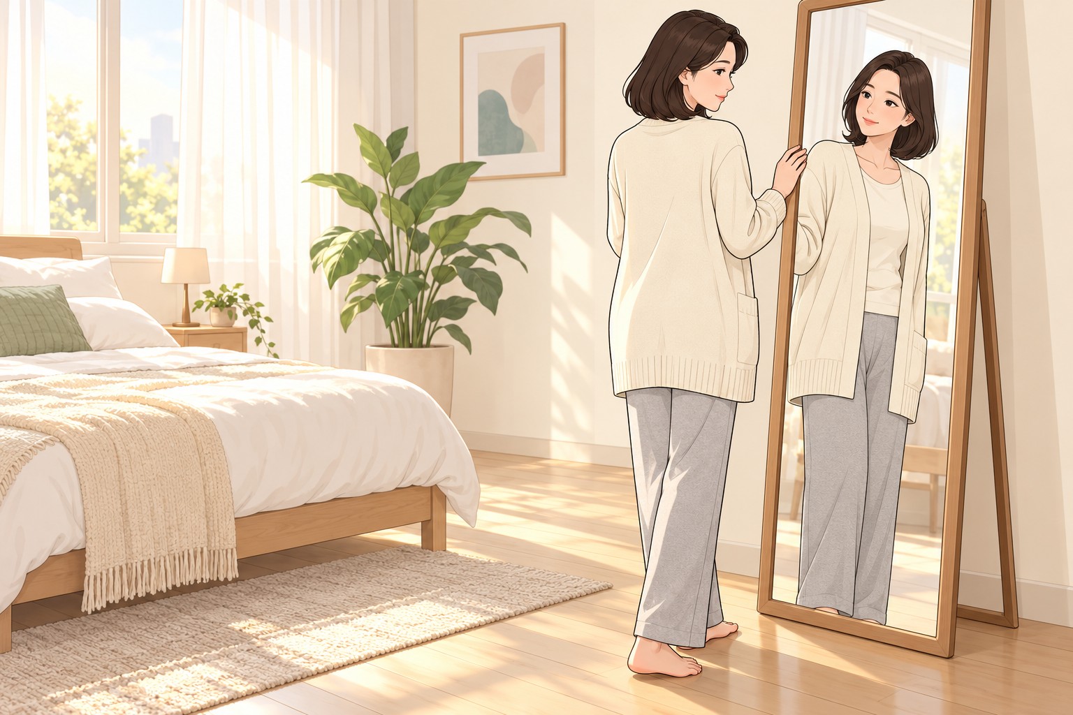 전신거울 앞에서 뒷모습을 살펴보는 여성을 그린 일러스트 — 엉덩이축소 후 회복기