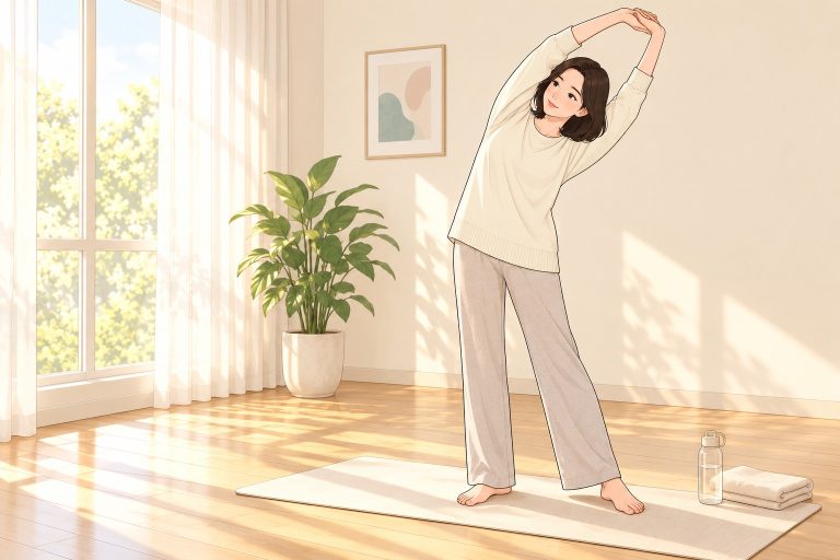 햇살 드는 거실에서 가볍게 팔을 뻗어 스트레칭하는 여성을 그린 일러스트 — 회복기의 점진적인 활동