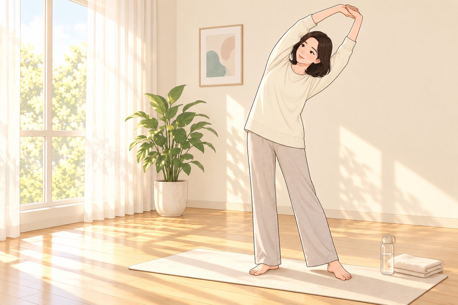 햇살 드는 거실에서 가볍게 팔을 뻗어 스트레칭하는 여성을 그린 일러스트 — 회복기의 점진적인 활동