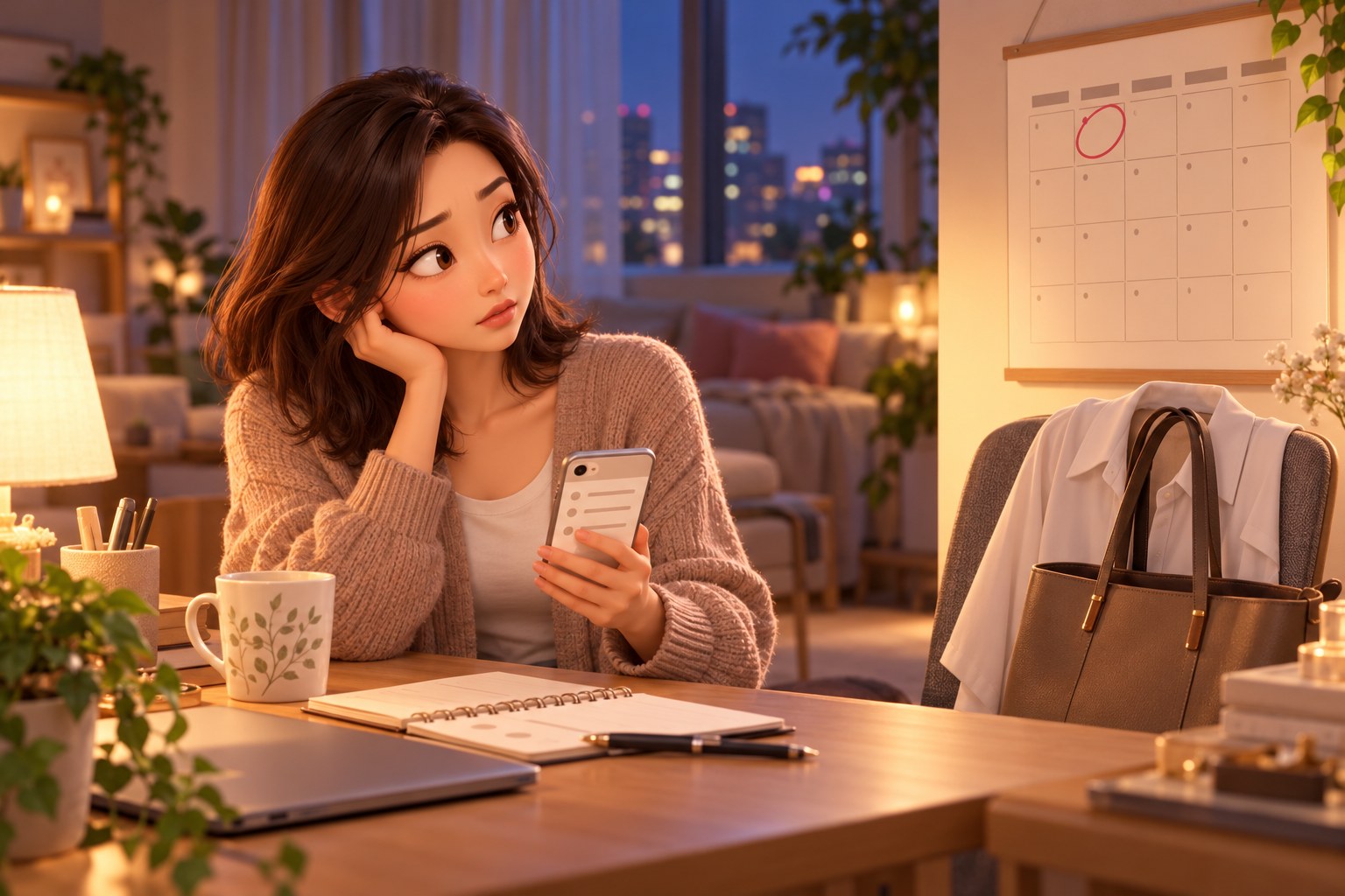일요일 저녁 책상 앞에서 동그라미 친 월요일 달력과 휴대폰 메모를 보며 출근을 준비하는 여성