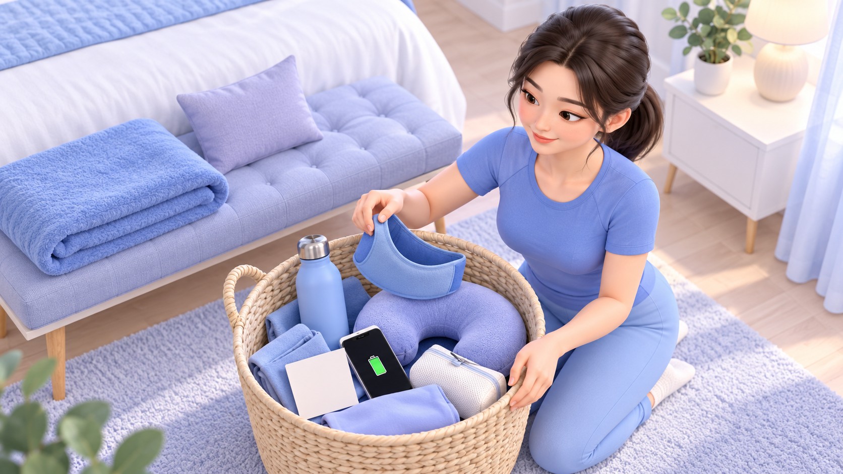 이중턱지방흡입 뒤 회복에 쓸 물병·턱 압박밴드·목 지지 베개·메모카드·휴대폰을 바구니에 챙기는 3D 만화 일러스트
