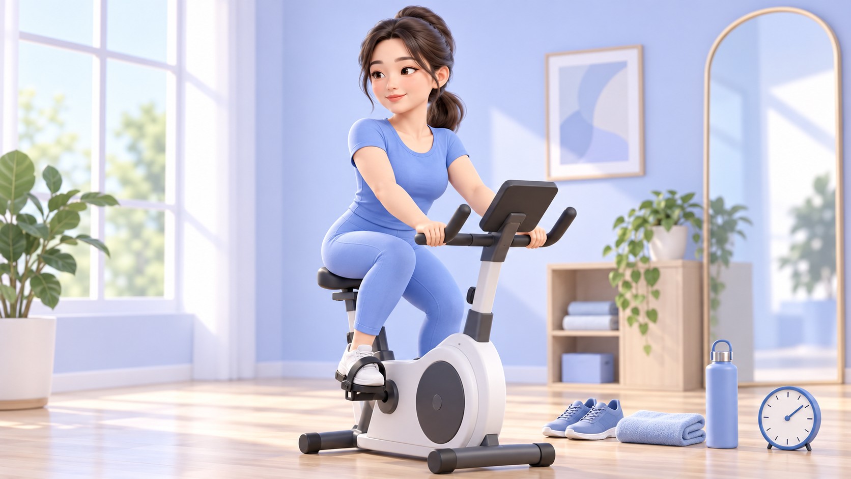 이중턱지방흡입 뒤 가벼운 유지 루틴으로 실내 자전거를 천천히 타는 여성의 3D 만화 일러스트