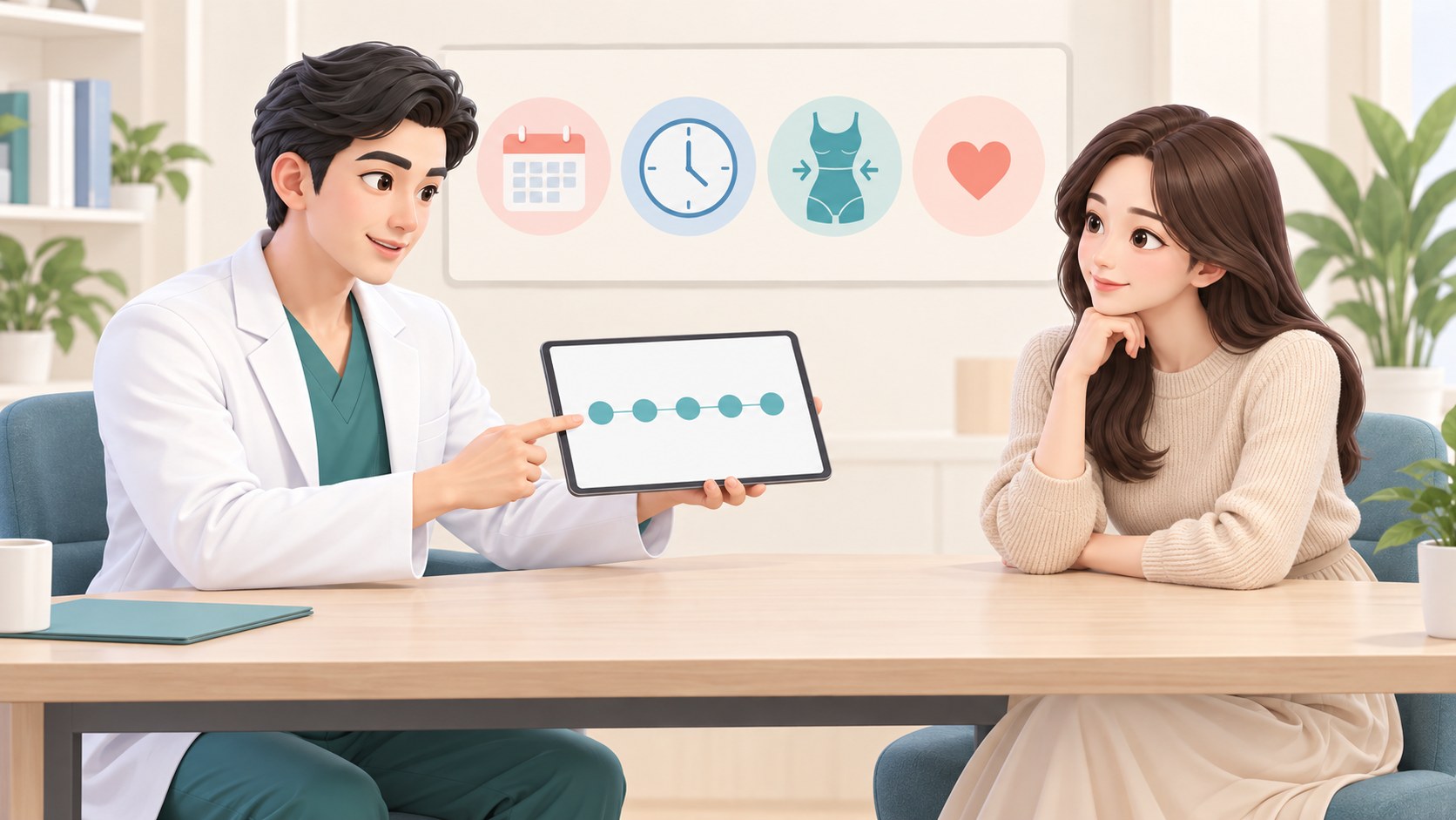 상담 책상에서 의사가 태블릿으로 회복 단계를 차례로 짚어 설명하고 환자가 귀 기울여 듣는 장면