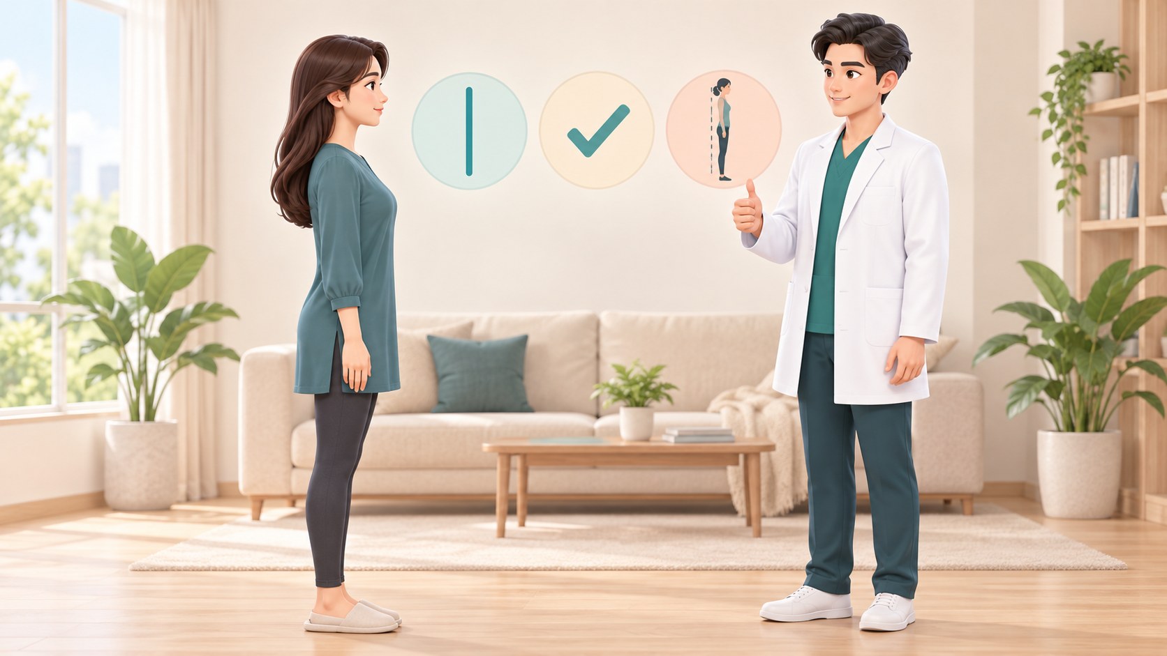 골반을 세우고 허리를 곧게 편 바른 자세로 서 있는 여성과 엄지를 들어 보이는 의사