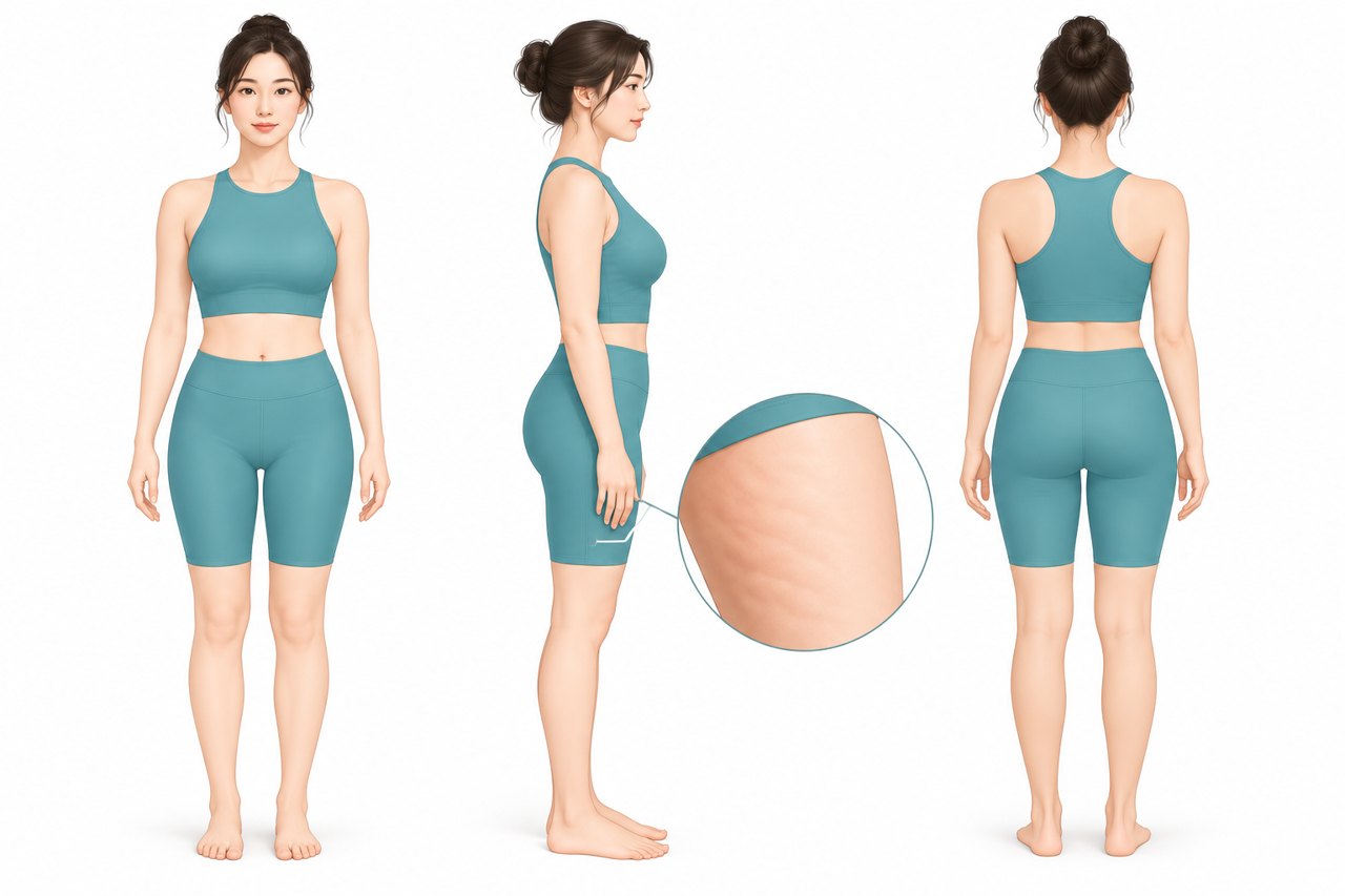 허벅지 지방흡입 이후의 하체 라인을 정면·측면·후면으로 나란히 그린 벡터 일러스트와 허벅지 확대 원