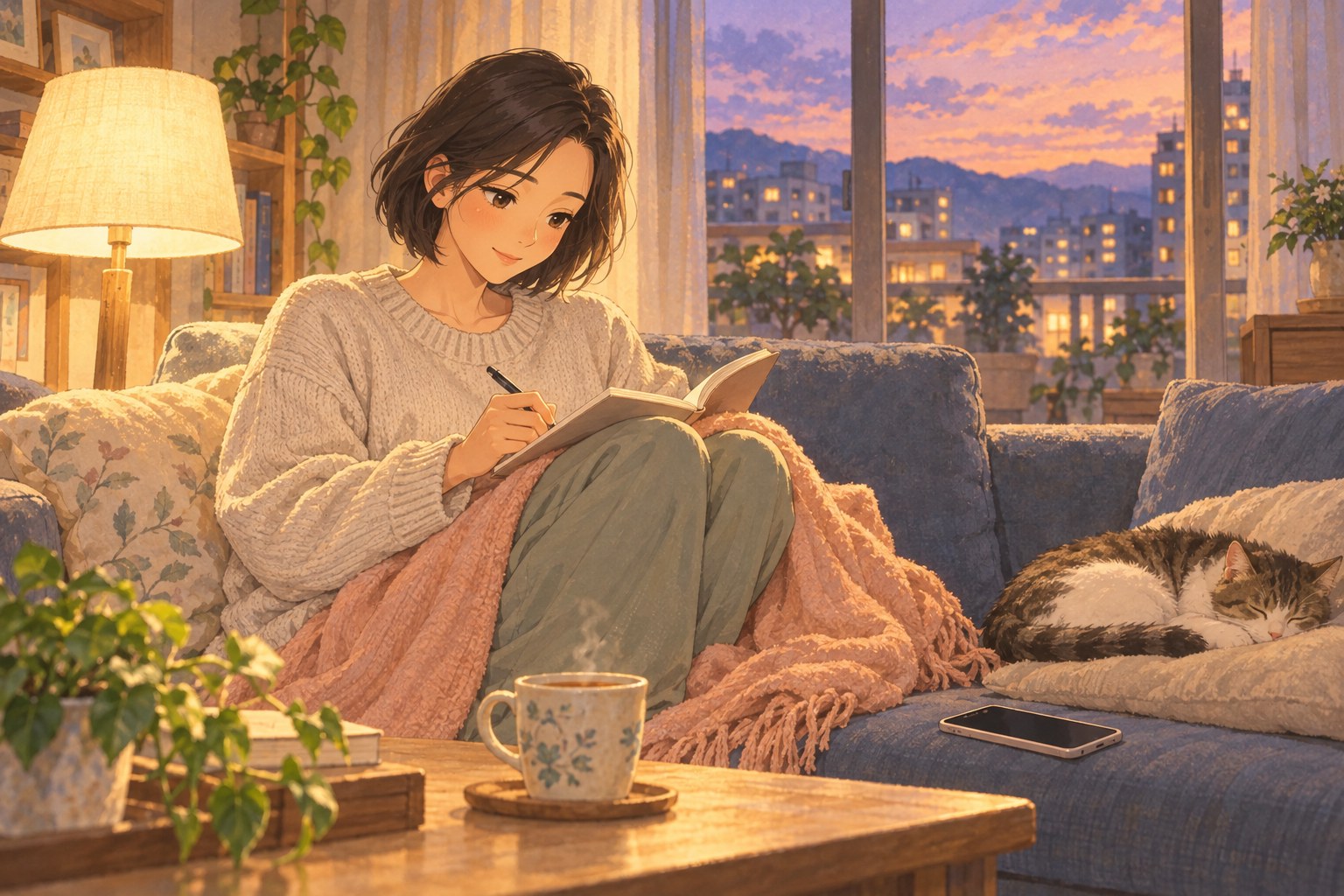 저녁 거실 소파에서 담요를 덮고 회복 중의 변화를 수첩에 적는 여성