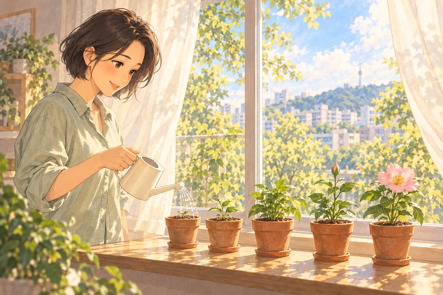 창가에서 새싹부터 꽃이 핀 화분까지 차례로 놓인 화분에 물을 주는 여성, 시기별로 자리 잡아 가는 회복 과정