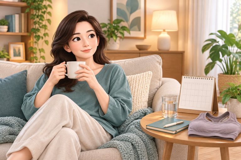유방하수 표층 지방흡입 일상복귀 노트 — 거실에서 쉬는 여성 일러스트