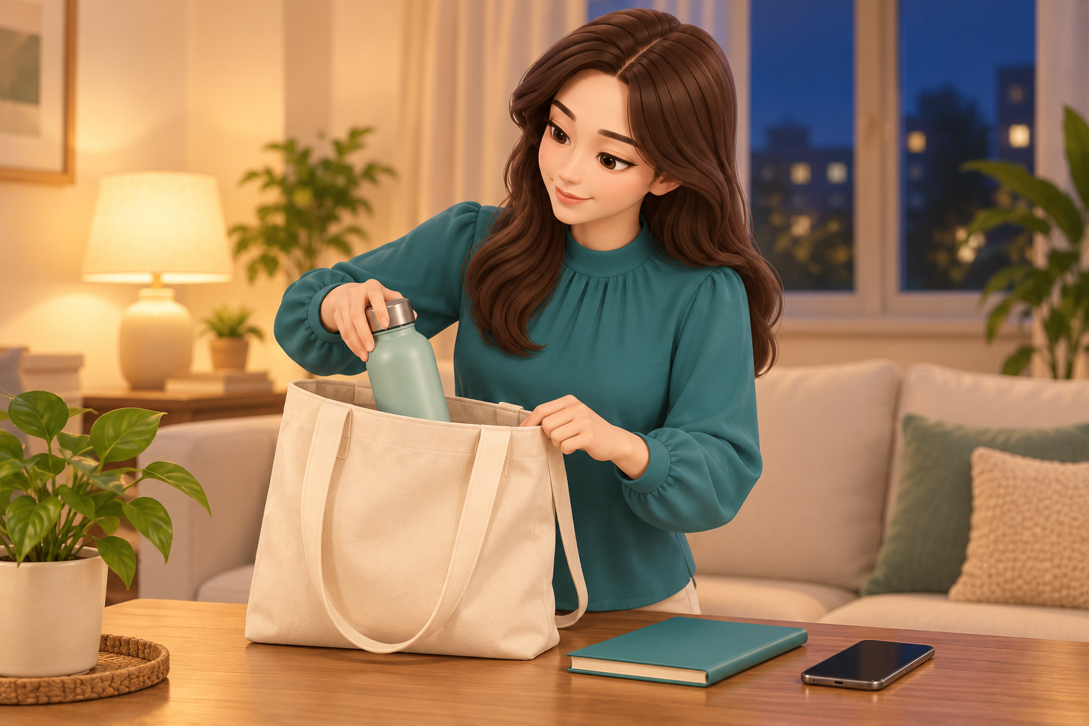 수술 전날 밤 물병, 가방, 휴대폰, 노트를 챙겨 두는 여성