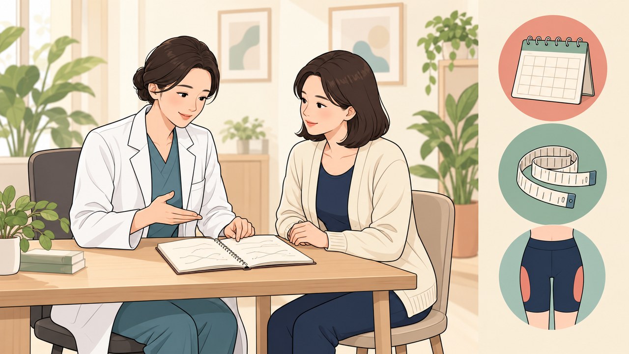 의사와 환자가 책상에서 환자의 기록 수첩을 함께 보며 이야기하는 웹툰풍 삽화, 오른쪽에 달력·줄자·압박복 아이콘