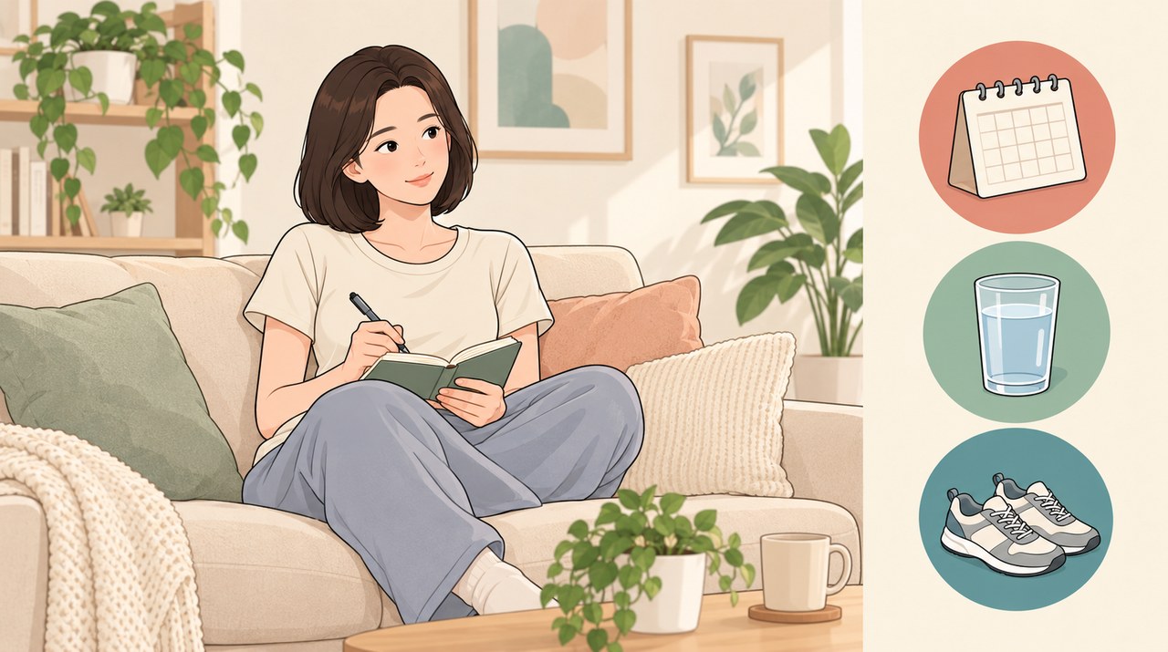 소파에 앉아 작은 수첩에 오늘 다리의 느낌을 적고 있는 여성을 그린 웹툰풍 삽화, 오른쪽에 달력·물잔·운동화 아이콘
