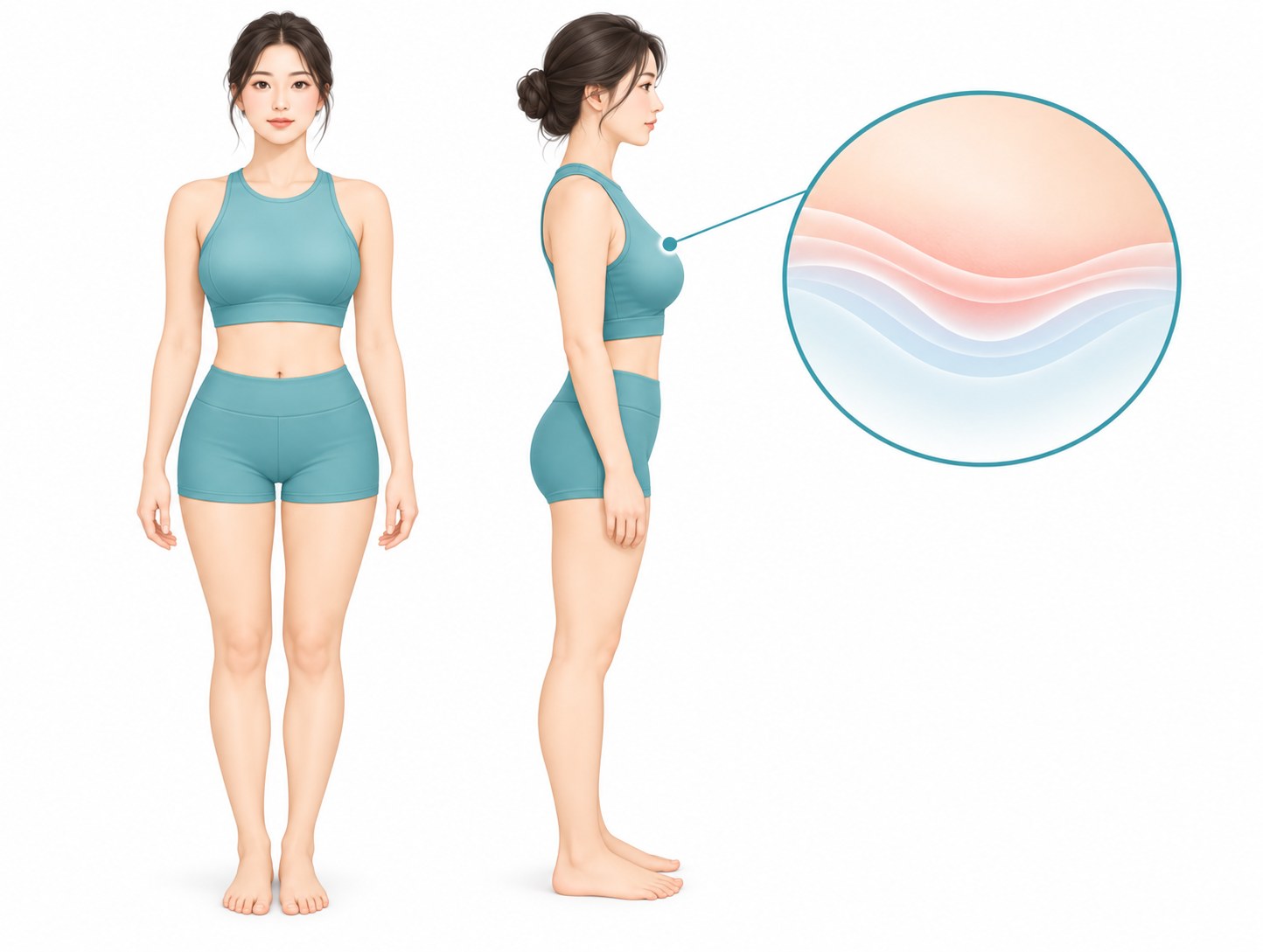 청록 운동복을 입은 여성의 정면과 측면 모습에 가슴 부위 확대 원을 표시한 벡터 일러스트