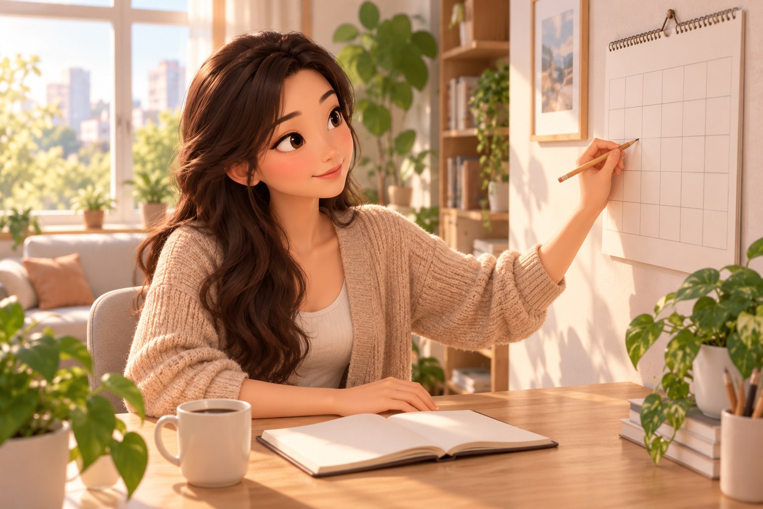엉덩이축소 지방흡입 전 회복 일정을 달력에 표시하며 계획하는 젊은 여성 일러스트