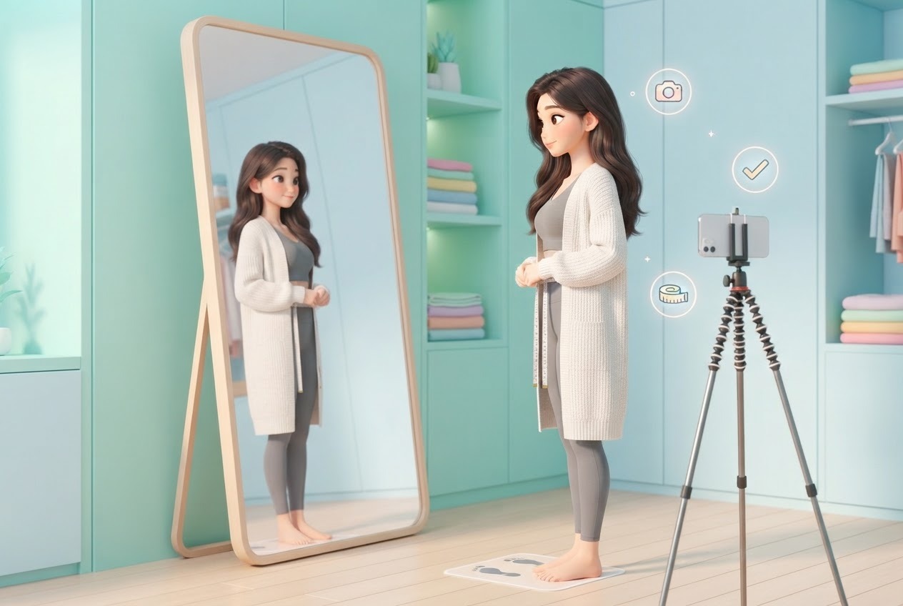 엉덩이축소 지방흡입 전 거울 앞에서 같은 자세로 옆모습 라인을 확인하는 여성 일러스트